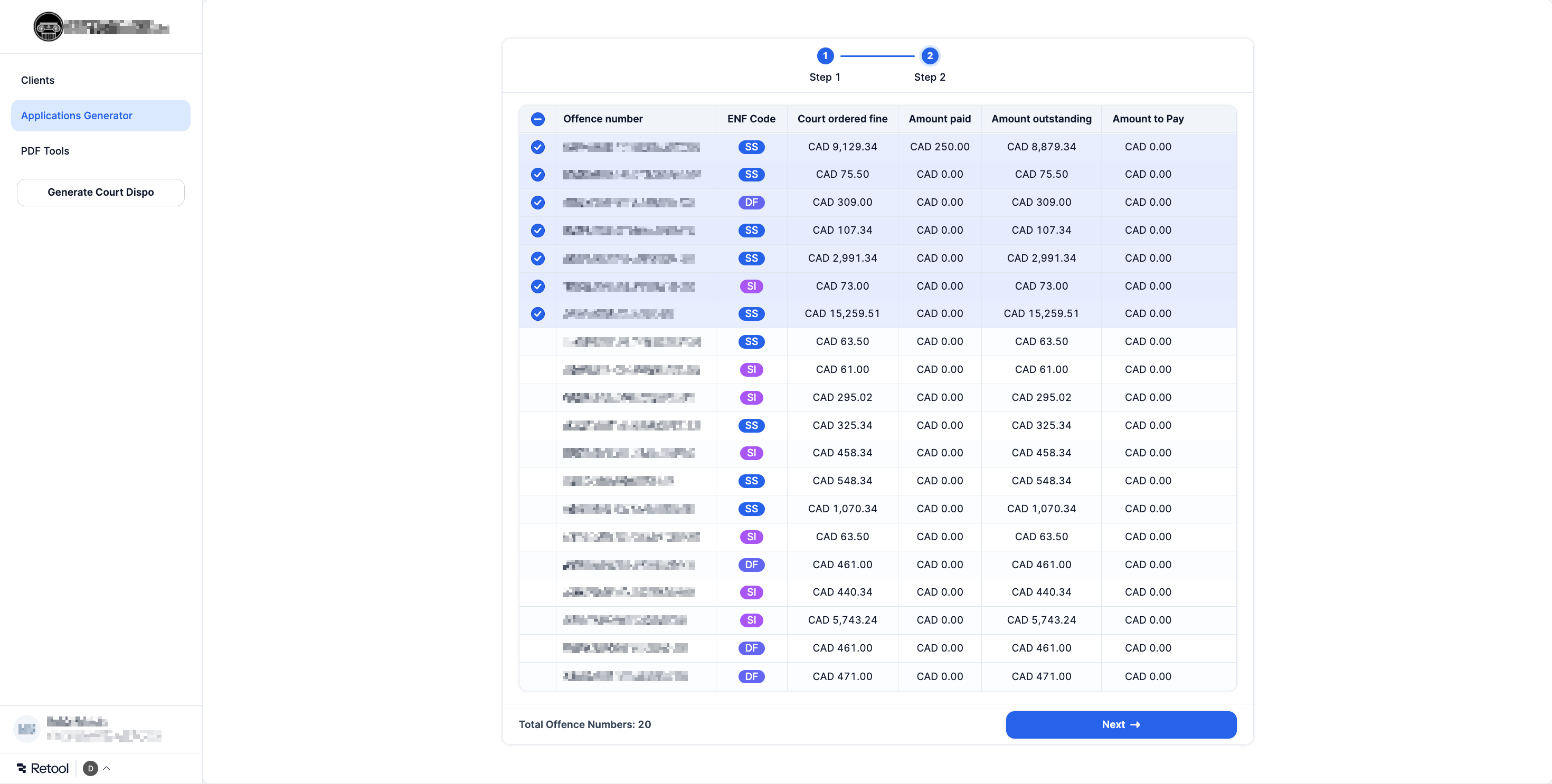 Retool case review interface for validating extracted legal document data before application generation